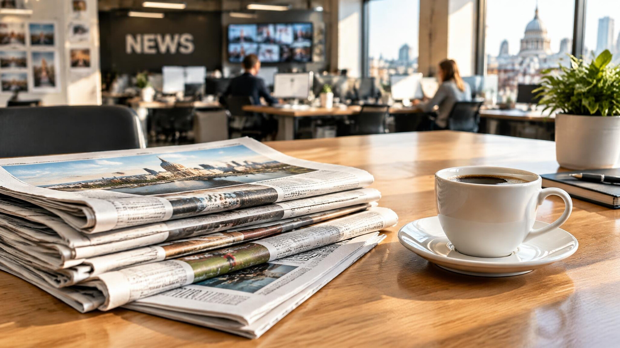 Stack of newspapers on a table with a cup of coffee